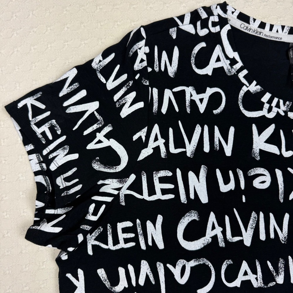 NWT Calvin Klein Performance Spellout Logo All Over Print T-Shirt Women 3X Black - Picture 9 of 10